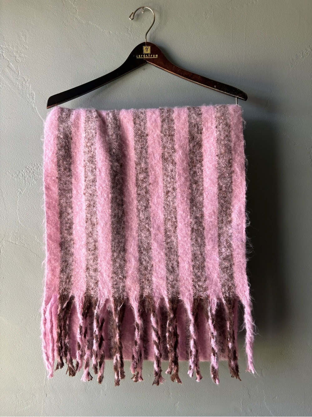 Anthropologie brushed woven scarf featuring vertical pink and brown stripes
